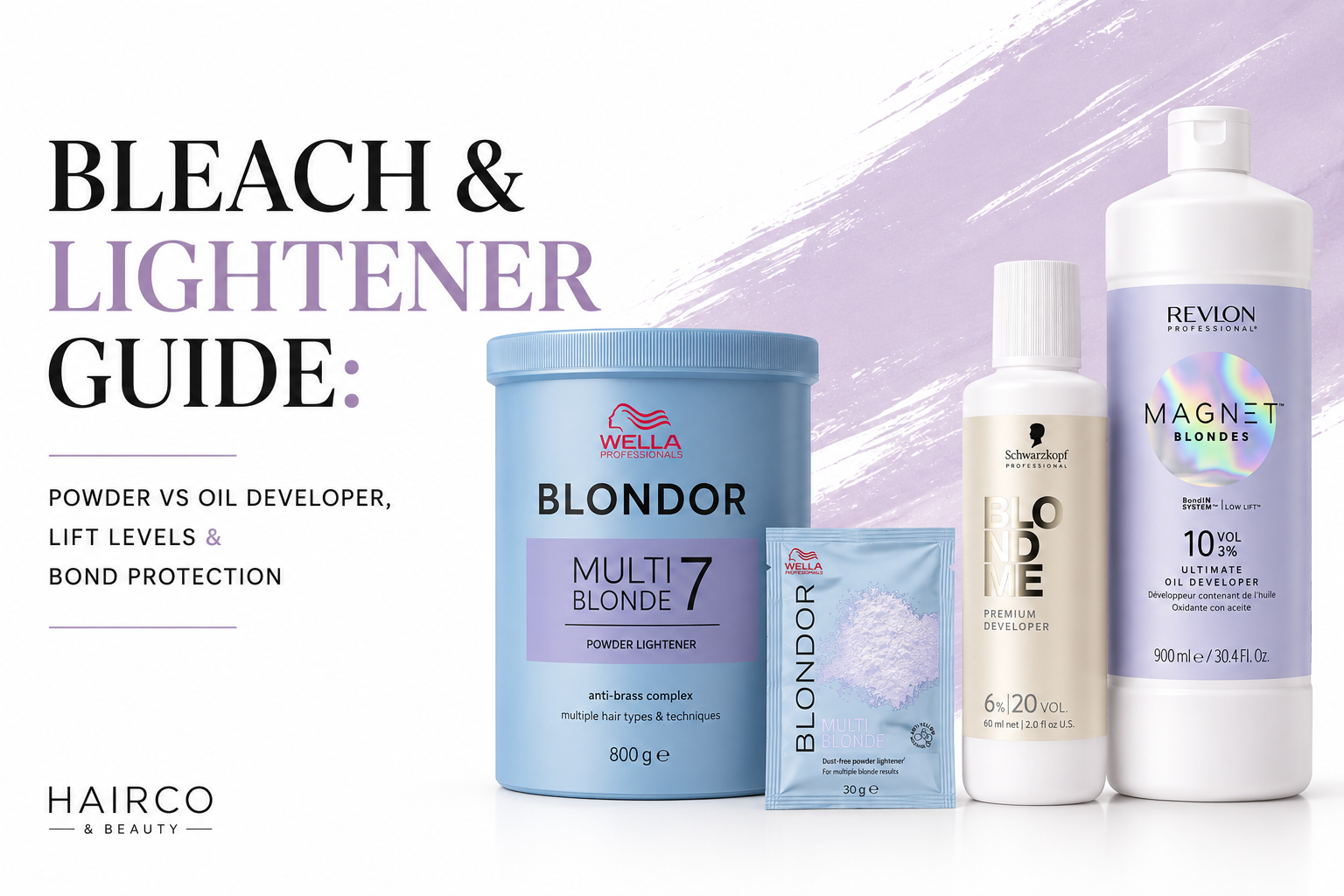 Wella Blondor, BlondMe and Revlon Magnet Blonde lightening products displayed in a professional bleach and developer guide banner.