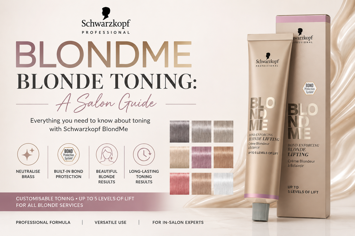 Schwarzkopf Professional BlondMe Blonde Toning colour range showing blonde, silver, ash and pastel toner shades for salon use
