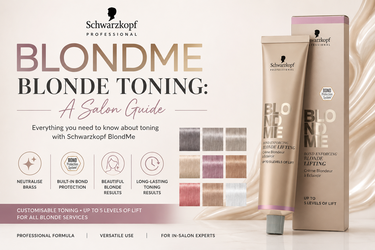 Schwarzkopf Professional BlondMe Blonde Toning colour range showing blonde, silver, ash and pastel toner shades for salon use