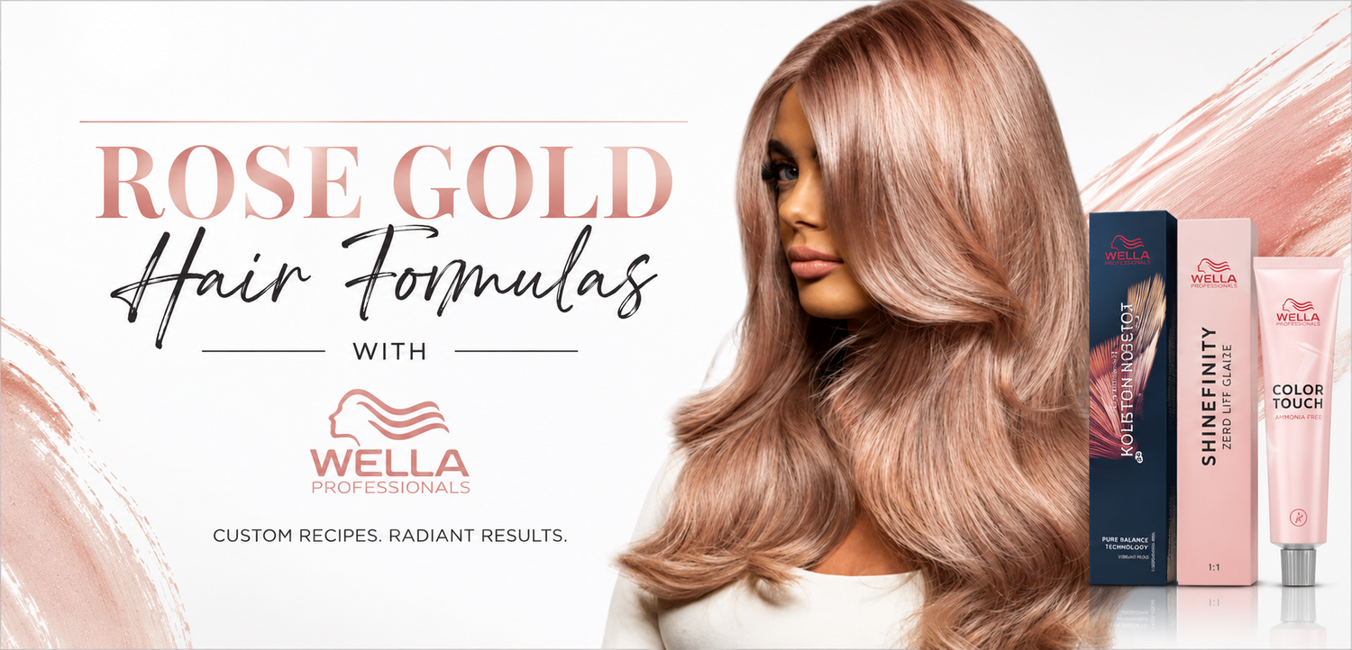 Rose gold hair colour formulas guide banner using Wella professional colour.
