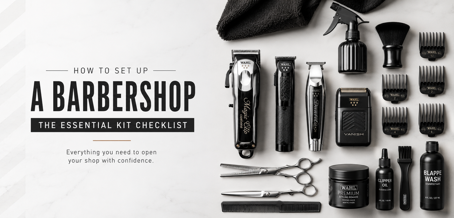 Essential barbershop kit checklist guide banner for setting up a new barbershop.