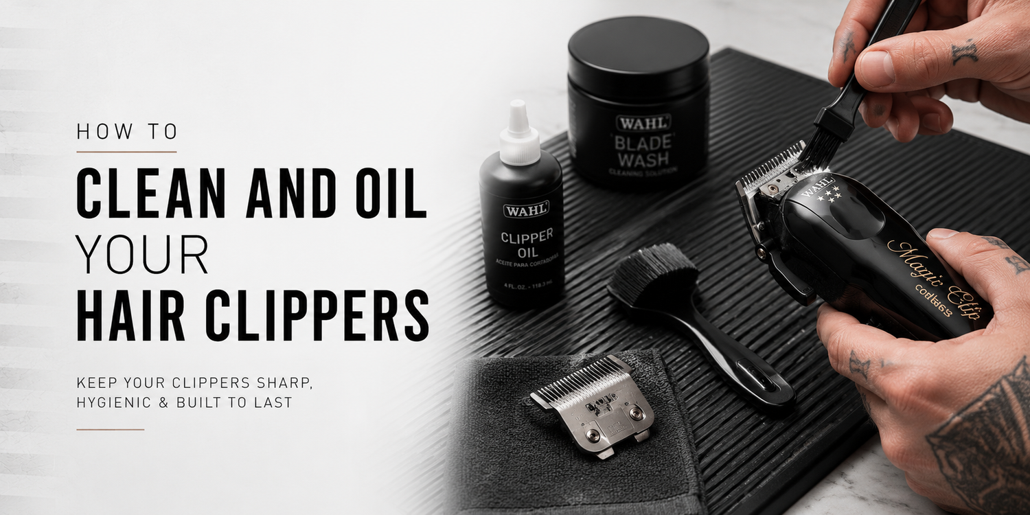 Barber cleaning and oiling professional hair clippers with maintenance tools and blade care products.