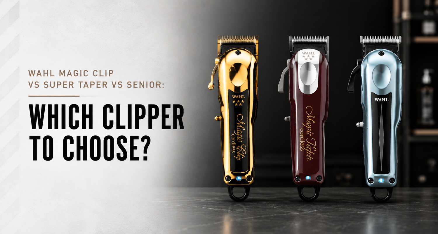 Comparison banner featuring Wahl Magic Clip, Super Taper and 5 Star Senior cordless hair clippers on a professional barbering background.