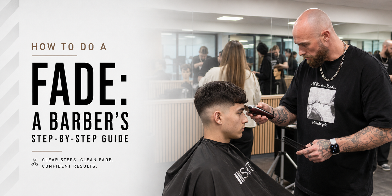 Professional barber demonstrating a fade haircut technique on a client during a barbering education session.
