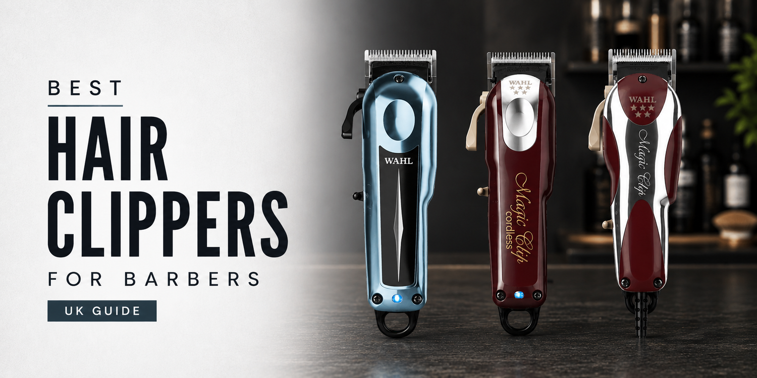 Wahl Super Taper Cordless, Magic Clip Cordless and Magic Clip Corded hair clippers displayed on a professional barbering background.