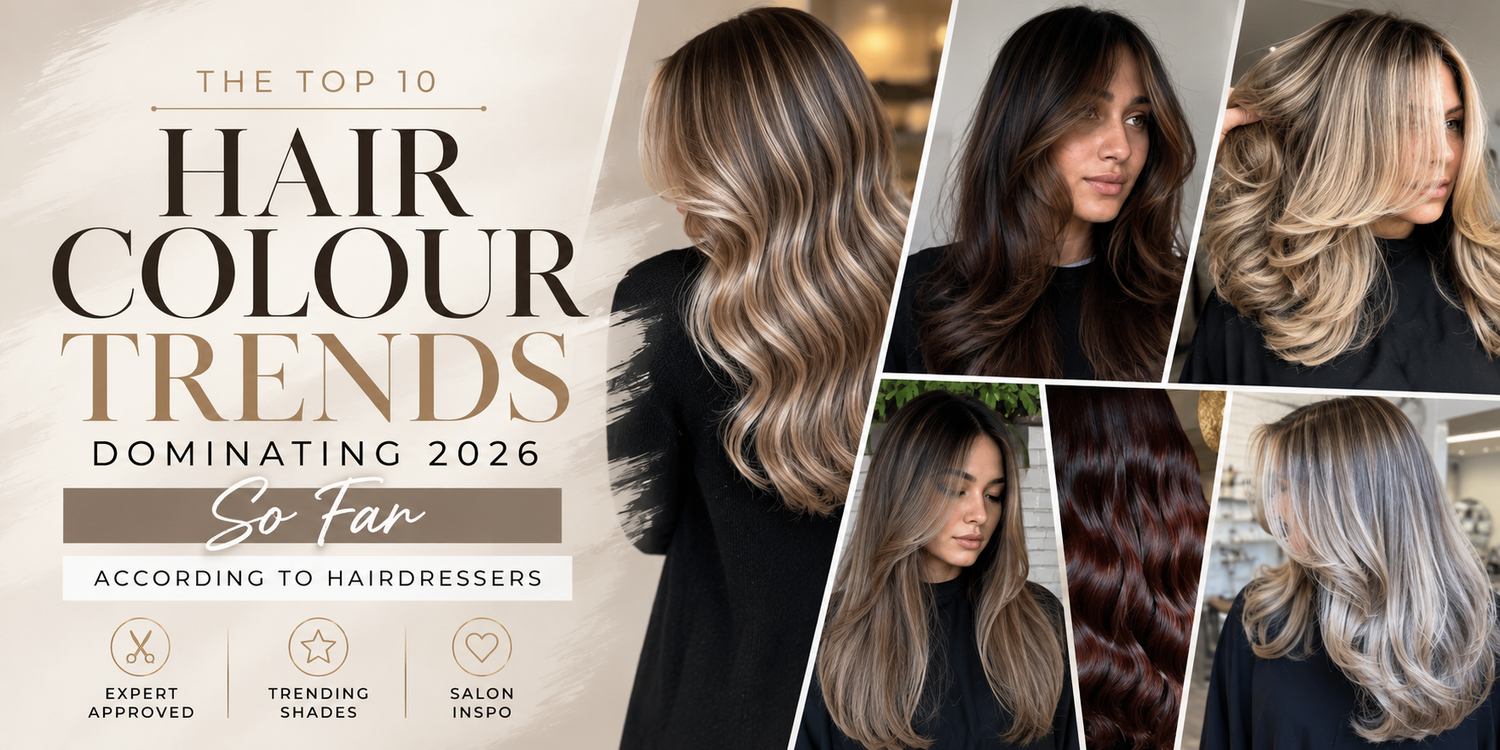 Collage of trending 2026 hair colours featuring dimensional blondes, rich brunettes, soft balayage and glossy copper tones.