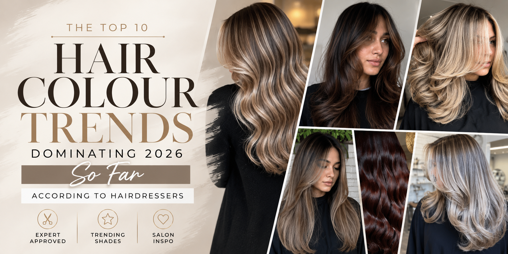 Collage of trending 2026 hair colours featuring dimensional blondes, rich brunettes, soft balayage and glossy copper tones.