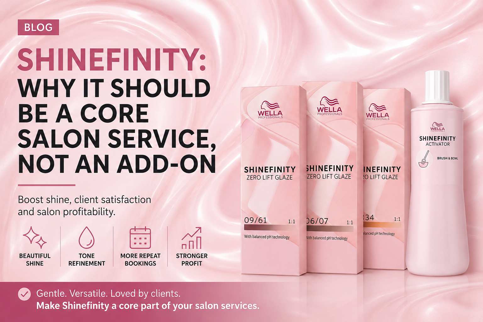 Wella Shinefinity Zero Lift Glaze and activator on a soft pink background with blog text about why Shinefinity should be a core salon service