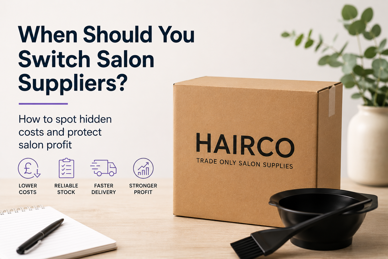 Hairco trade-only salon supplies box with blog graphic about when salons should switch suppliers and how to reduce hidden stock costs