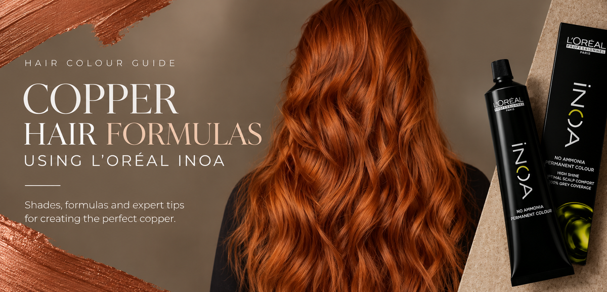L’Oréal Professionnel INOA copper hair formulas blog cover featuring glossy copper waves, INOA permanent hair colour and professional salon colour inspiration.