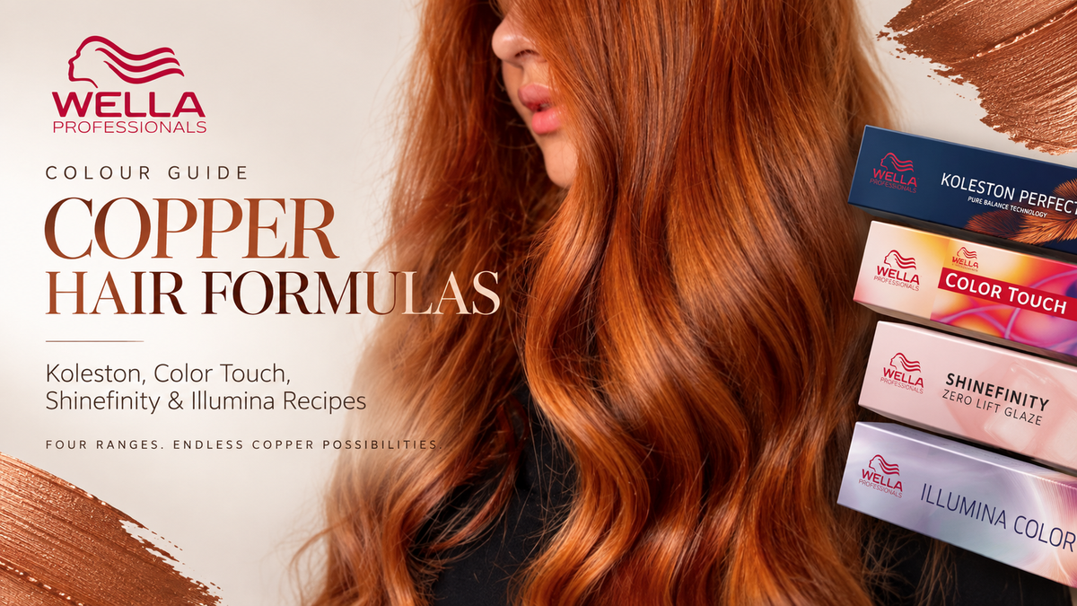 Wella Professionals copper hair formulas blog cover featuring glossy copper hair and Koleston Perfect, Color Touch, Shinefinity and Illumina Color for professional salon colour inspiration.