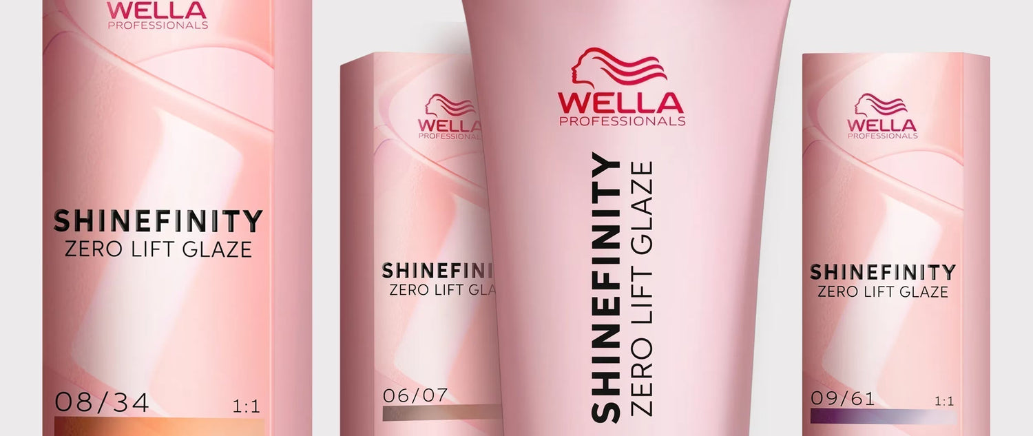 Wella Shinefinity zero-lift glaze colour chart and shade guide banner for professional salons.