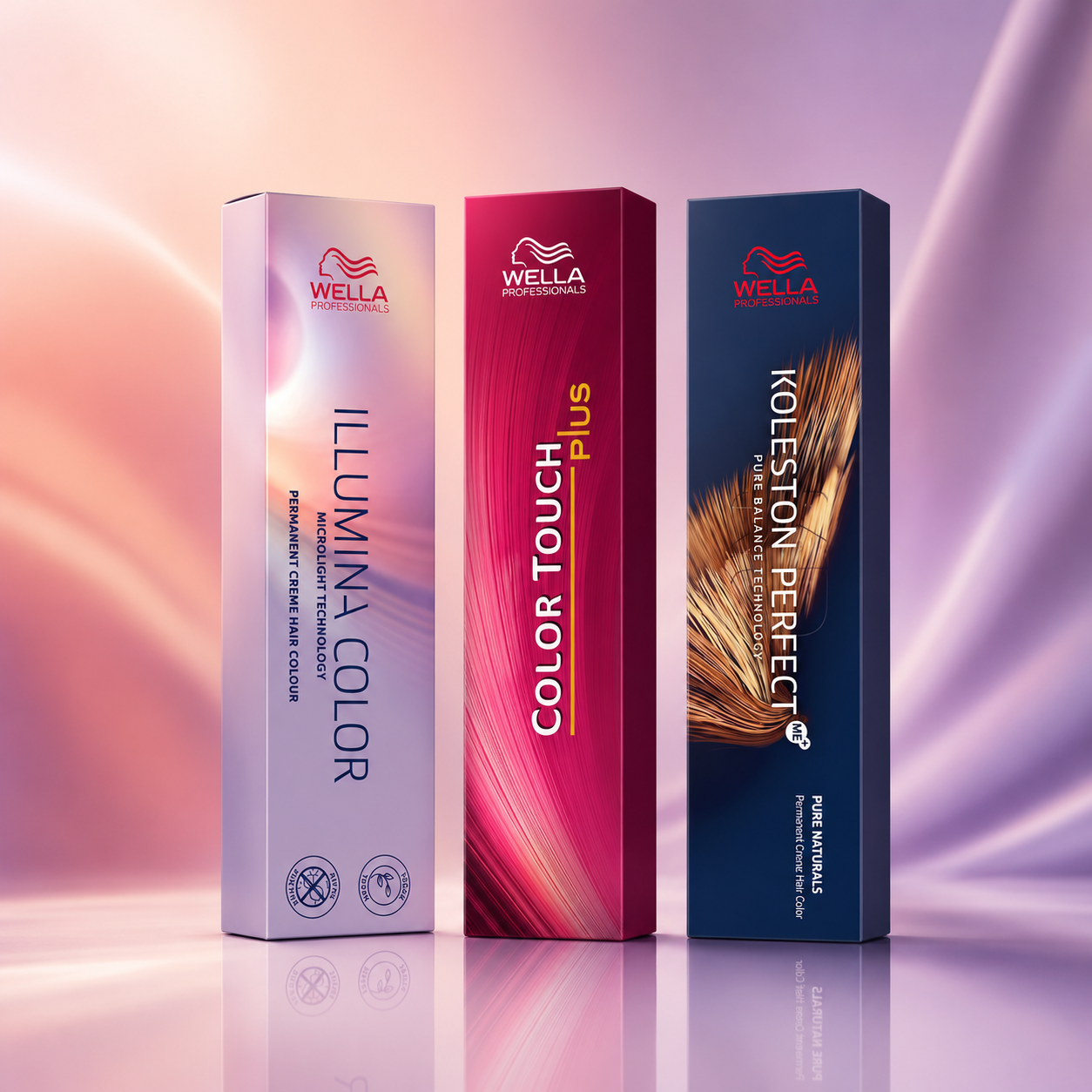 Premium beauty image featuring Wella Illumina Color, Color Touch Plus and Koleston Perfect colour boxes displayed against a soft pink and lilac gradient background with reflective styling.