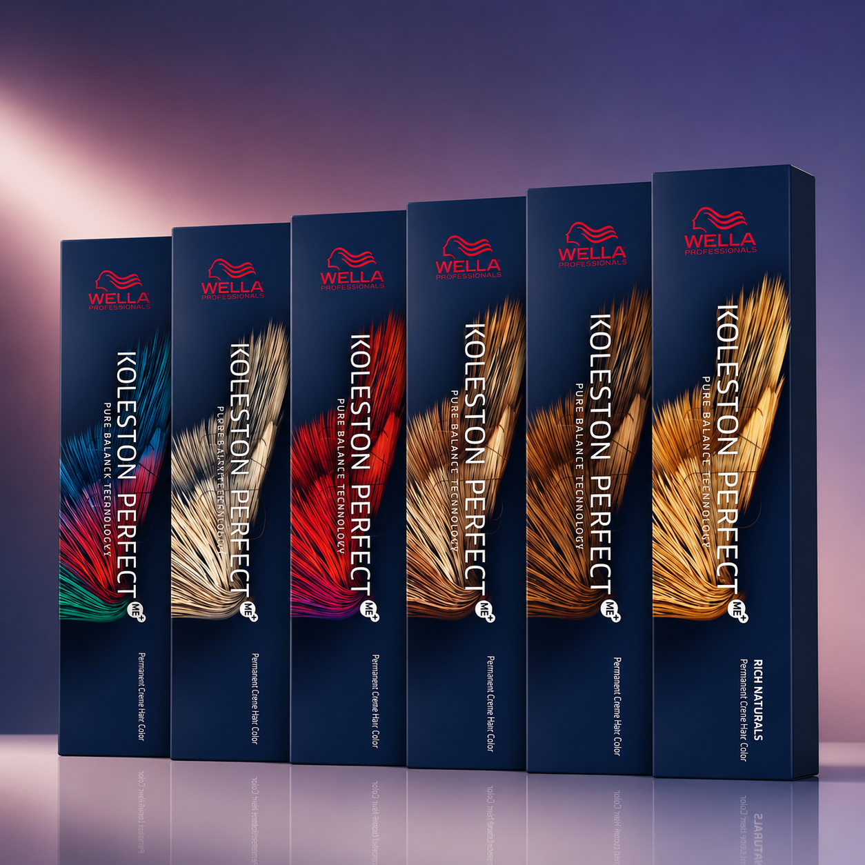 Premium product display featuring multiple Wella Koleston Perfect colour boxes arranged on a reflective surface against a soft gradient background, showcasing a range of blonde, brunette and fashion colour shades.