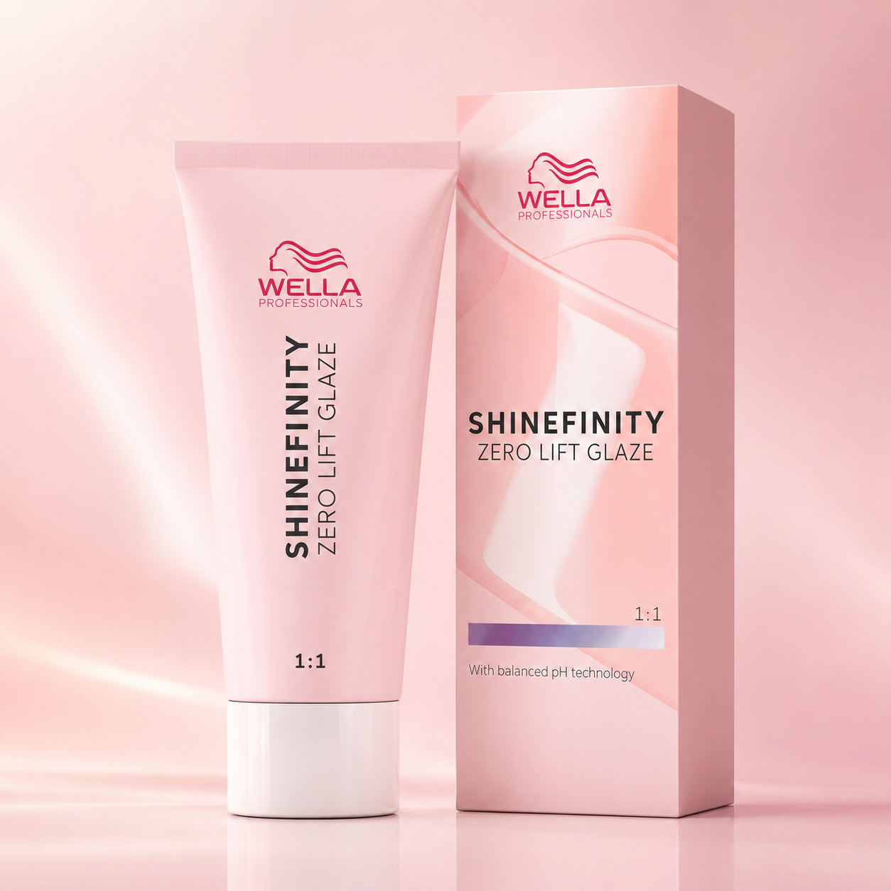 Premium product image featuring Wella Shinefinity Zero Lift Glaze tube and box displayed against a soft blush pink gradient background with elegant studio lighting and a luxury salon aesthetic.