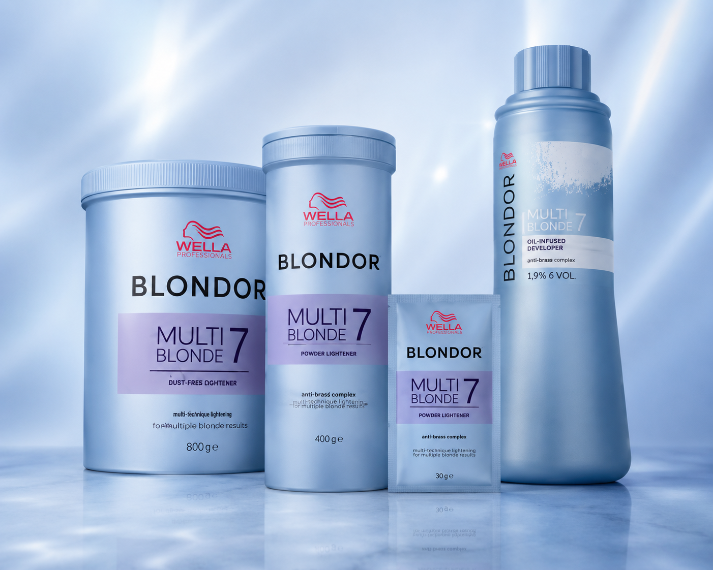 ￼Premium product image featuring Wella Blondor Multi Blonde lighteners and developer displayed on a reflective surface against a soft icy blue gradient background with luxury salon-inspired styling.