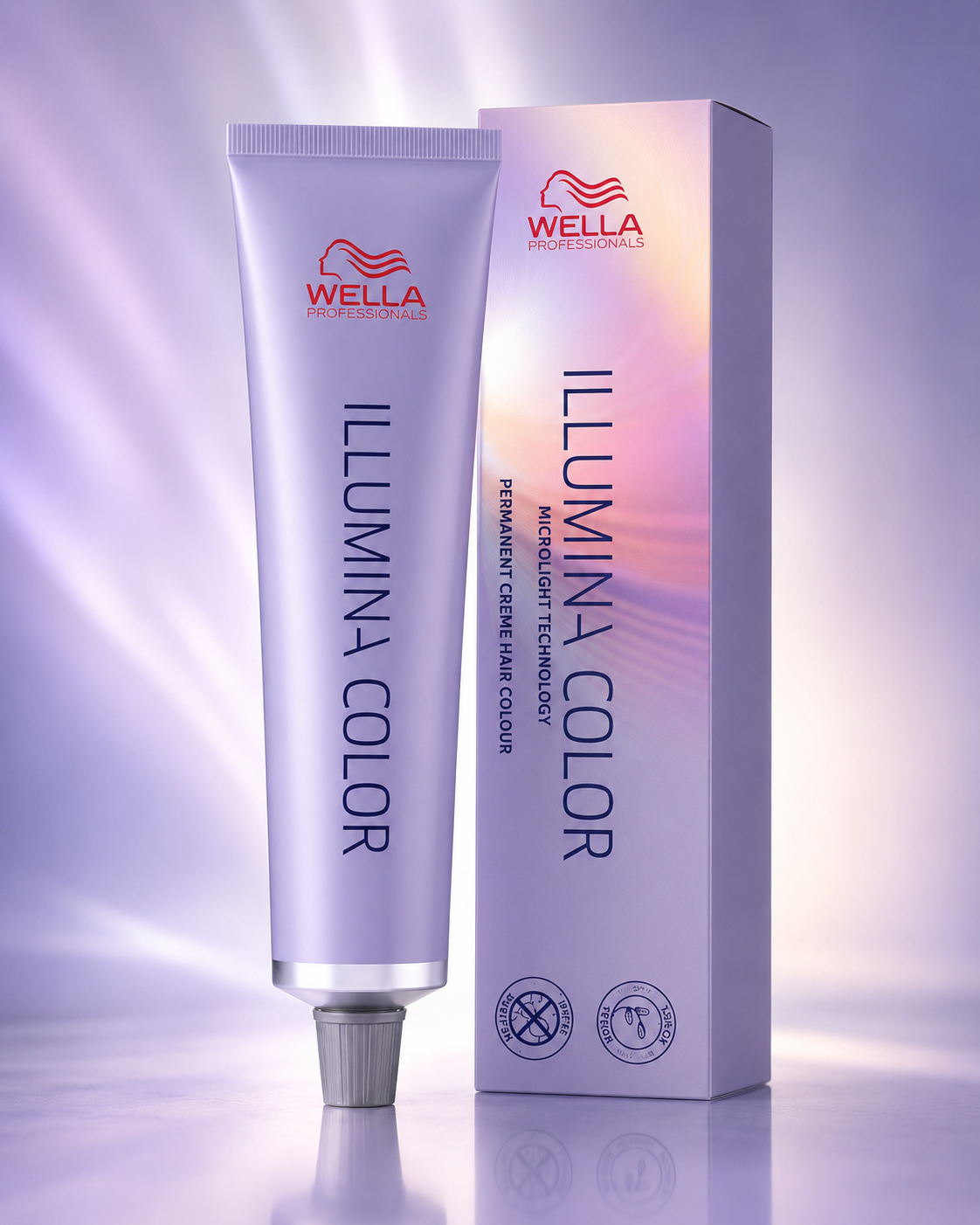 Premium product image featuring Wella Illumina Color tube and box displayed on a reflective surface against a soft lilac and iridescent gradient background with elegant salon-inspired styling.