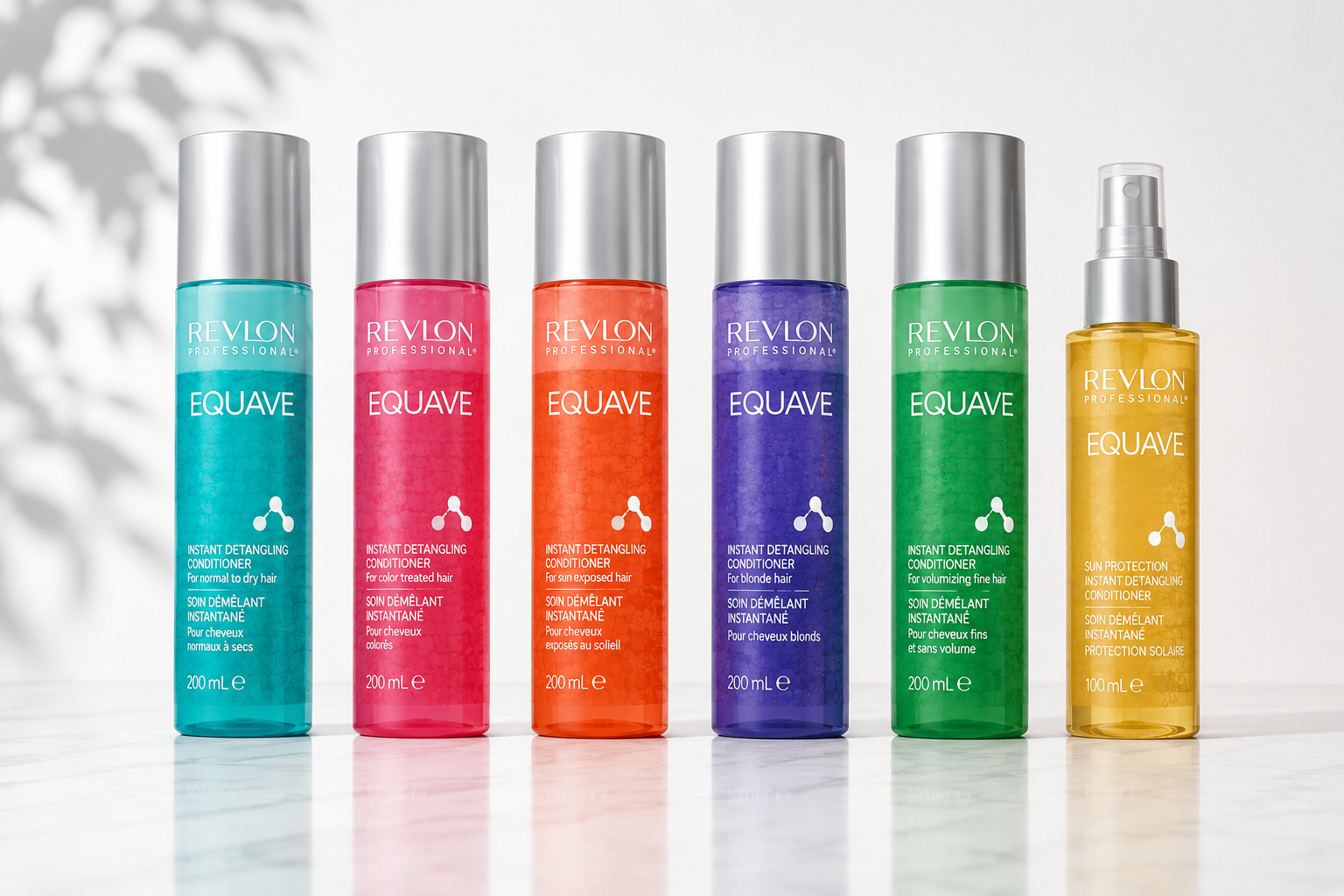 Premium product image featuring the Revlon Equave range arranged in a clean symmetrical lineup on a reflective surface, showcasing multiple detangling conditioner variants in vibrant coloured bottles against a bright minimalist background.