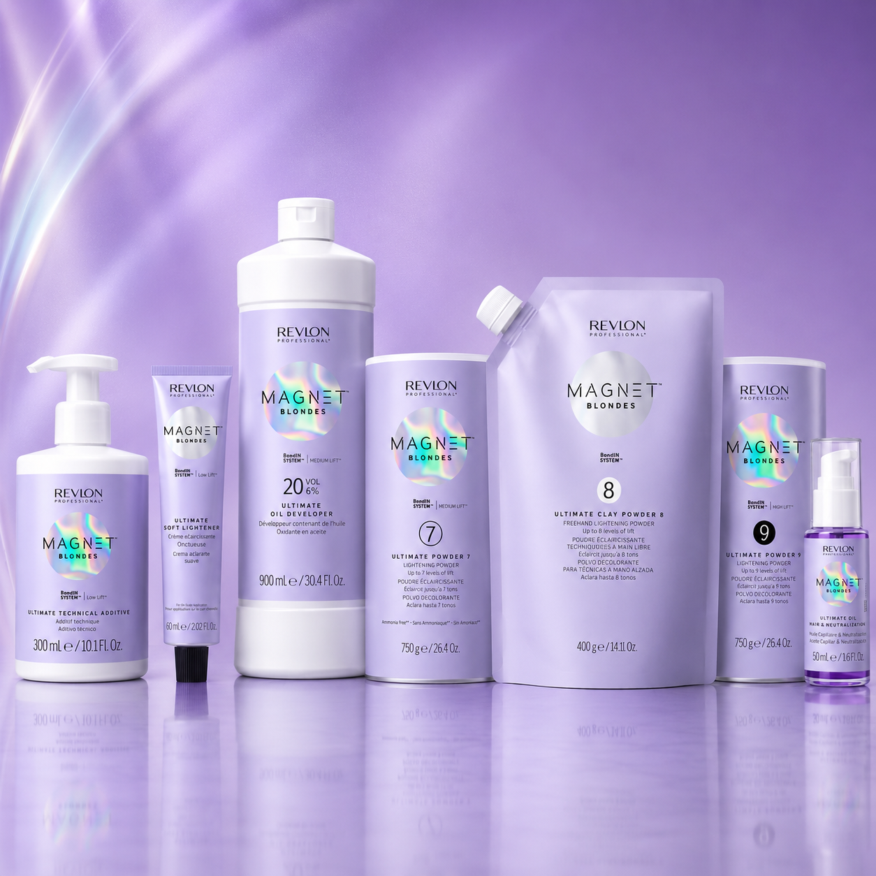 Revlon Magnet Blondes professional lightening range on a lavender background.