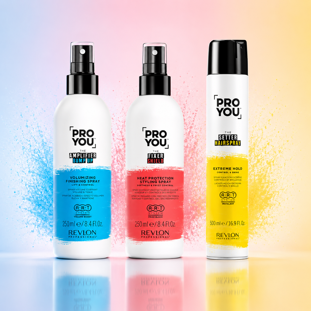 Revlon Pro You styling products displayed against a colourful gradient background.