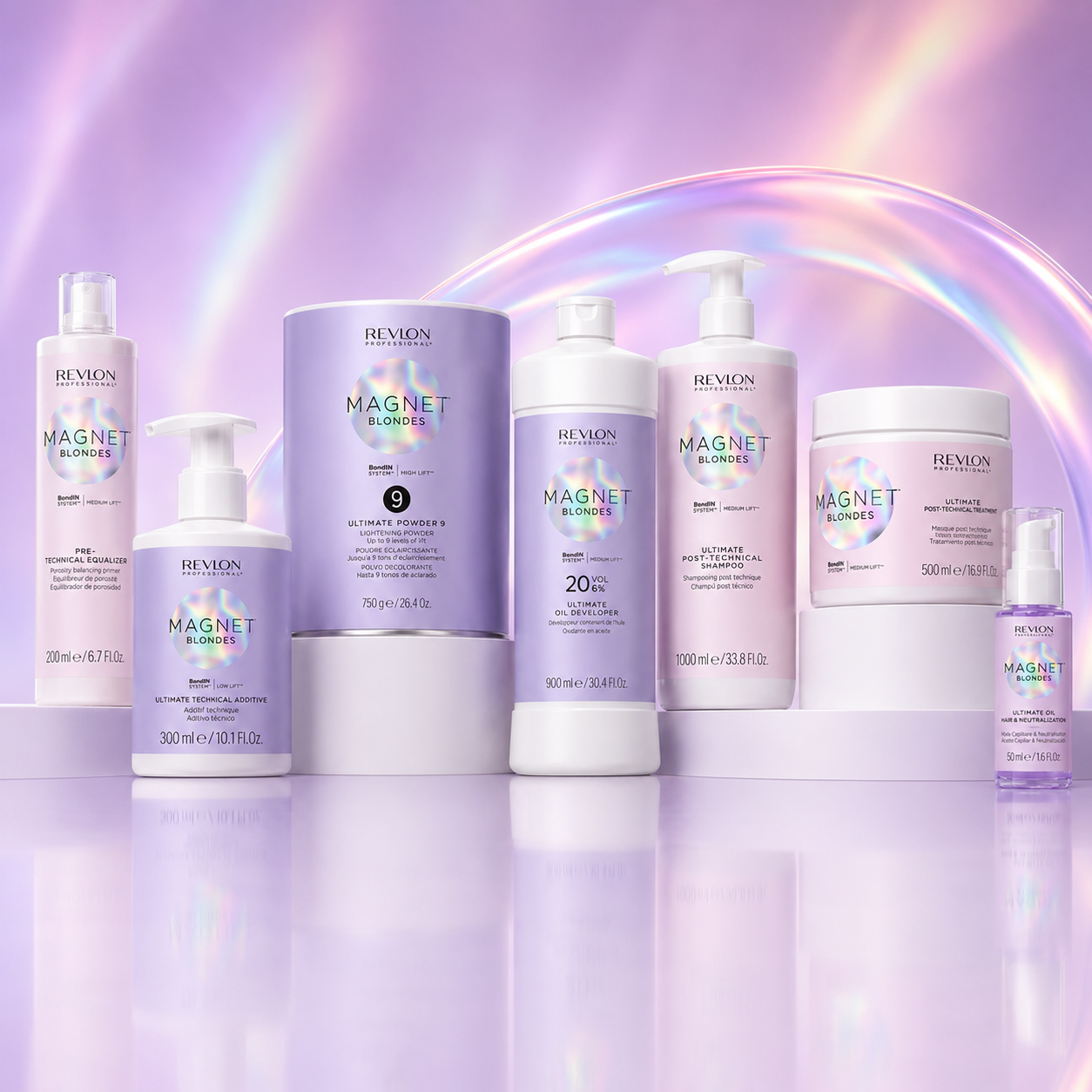 Revlon Magnet Blondes products displayed on a soft lilac background with iridescent accents.