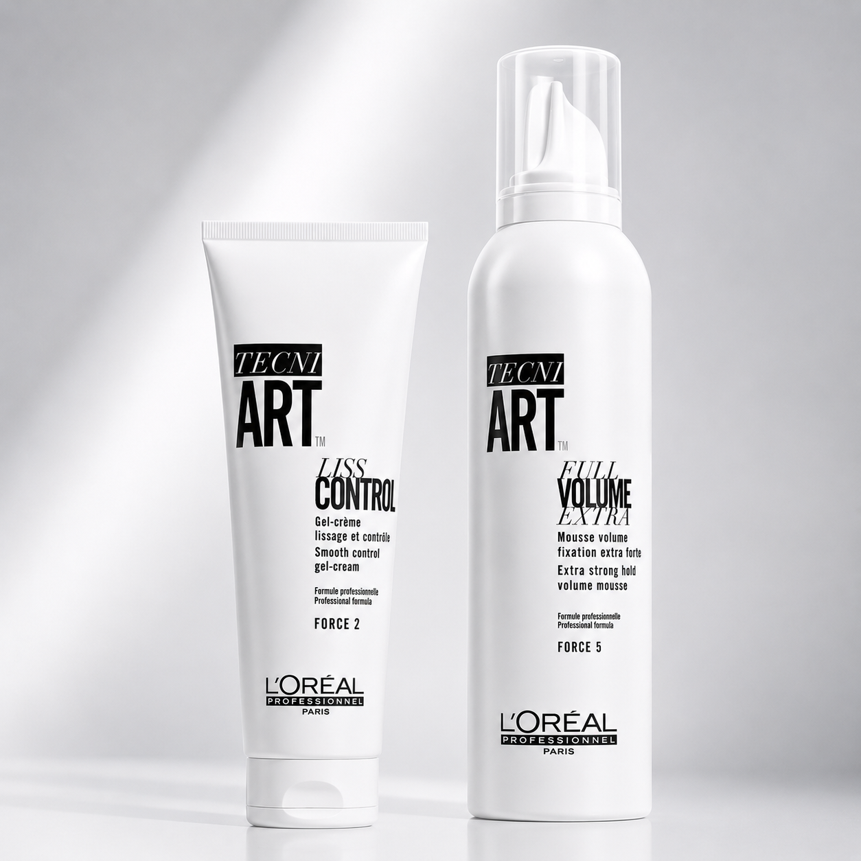 L'Oréal Professionnel Tecni.Art styling products displayed against a clean minimalist studio background.