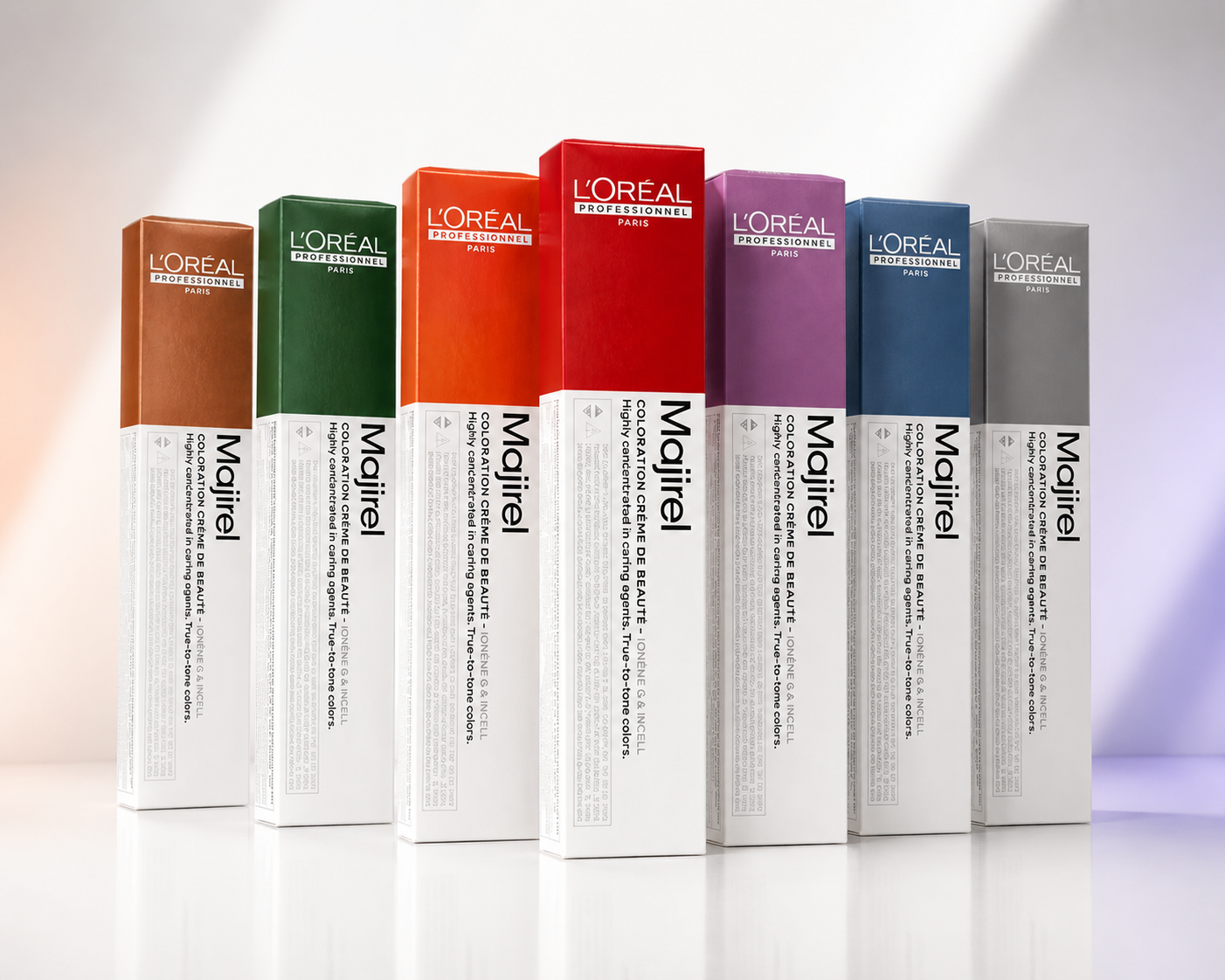 L'Oréal Professionnel Majirel colour range displayed on a clean white background with subtle colour gradients inspired by the shade collection.