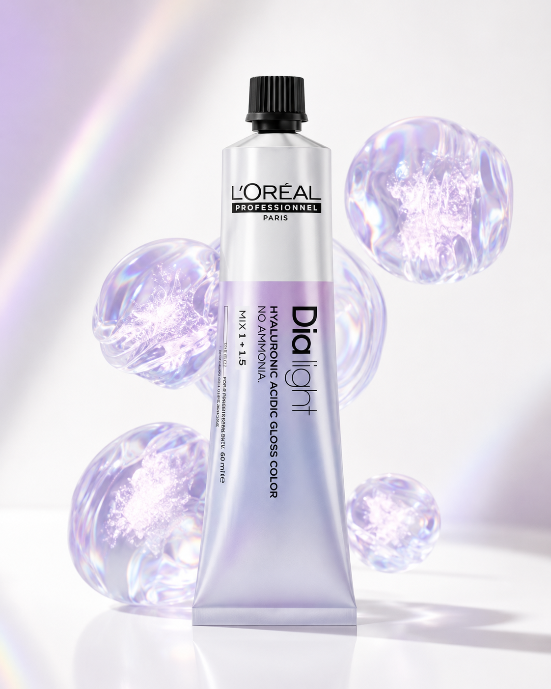 L'Oréal Professionnel Dia Light colour tube displayed with soft lilac iridescent accents on a clean premium background.