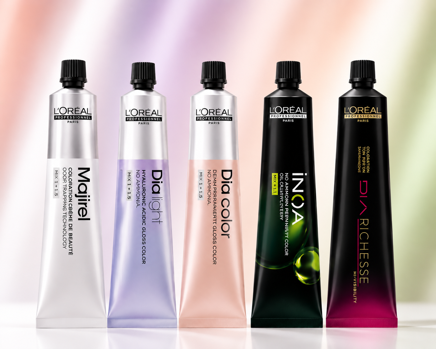 L'Oréal Professionnel Majirel, Dia Light, Dia Color, INOA and Dia Richesse colour tubes displayed on a soft pastel gradient background.