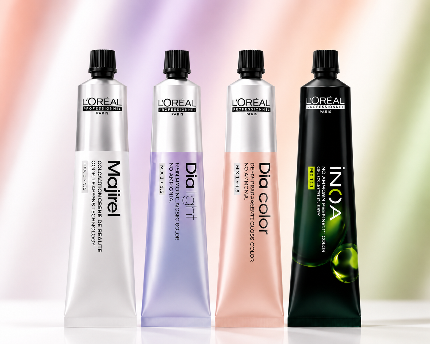 L'Oréal Professional hair colour tubes featuring Majirel, Dia Light, Dia Color and INOA permanent and demi-permanent colour ranges.