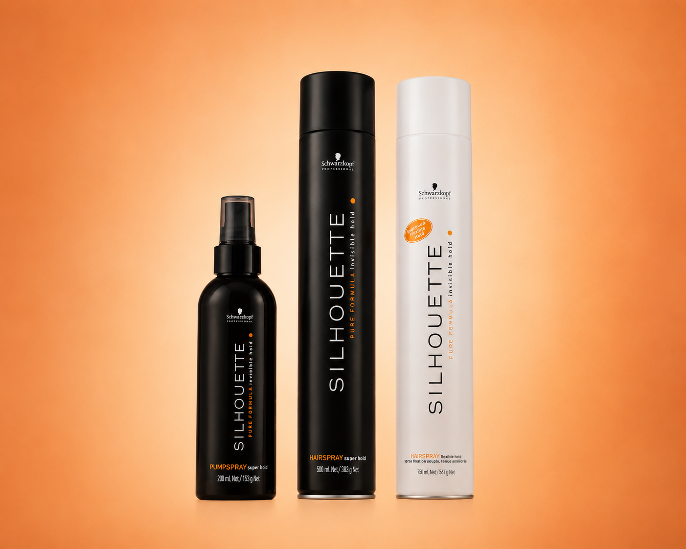 Schwarzkopf Silhouette Super Hold Hairspray on beige gradient background