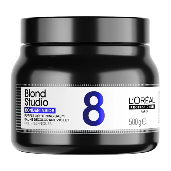 L'Oreal Blond Studio 8 purplelightening balm jar on a white background