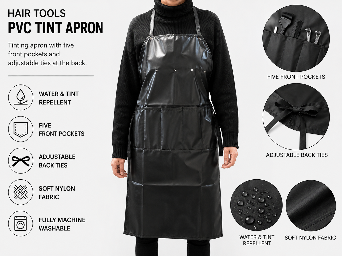 Hair Tools PVC Tint Apron With Pockets - Black