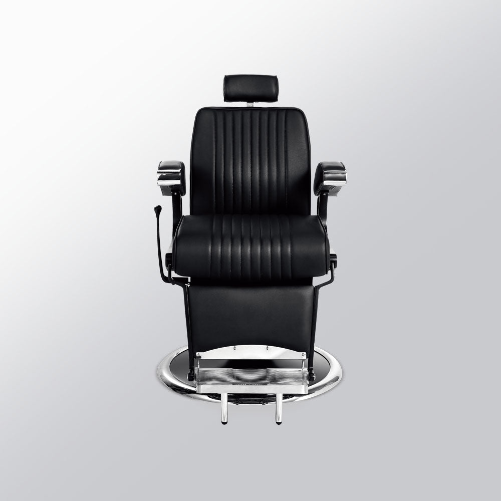 Mirplay Hugo B barber chair side view showing reclining backrest and aluminium footrest