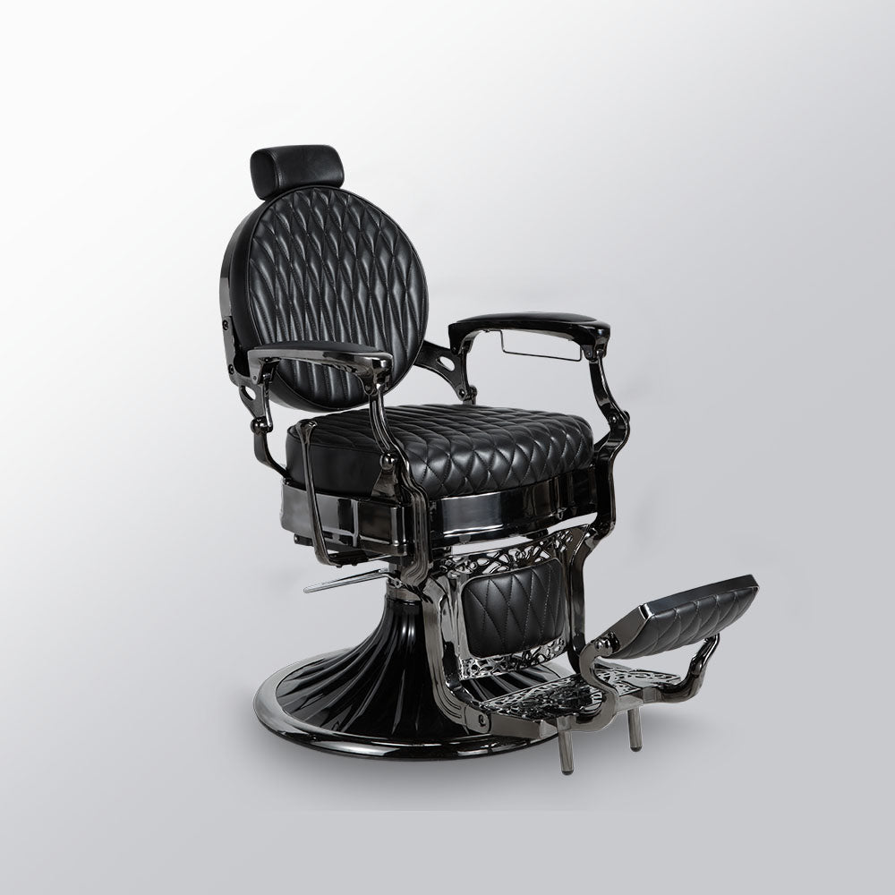 Mirplay Kirk BC barber chair side view with reclining backrest and footrest