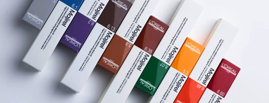 Set of L'Oreal Majirel hair colour boxes on a white background