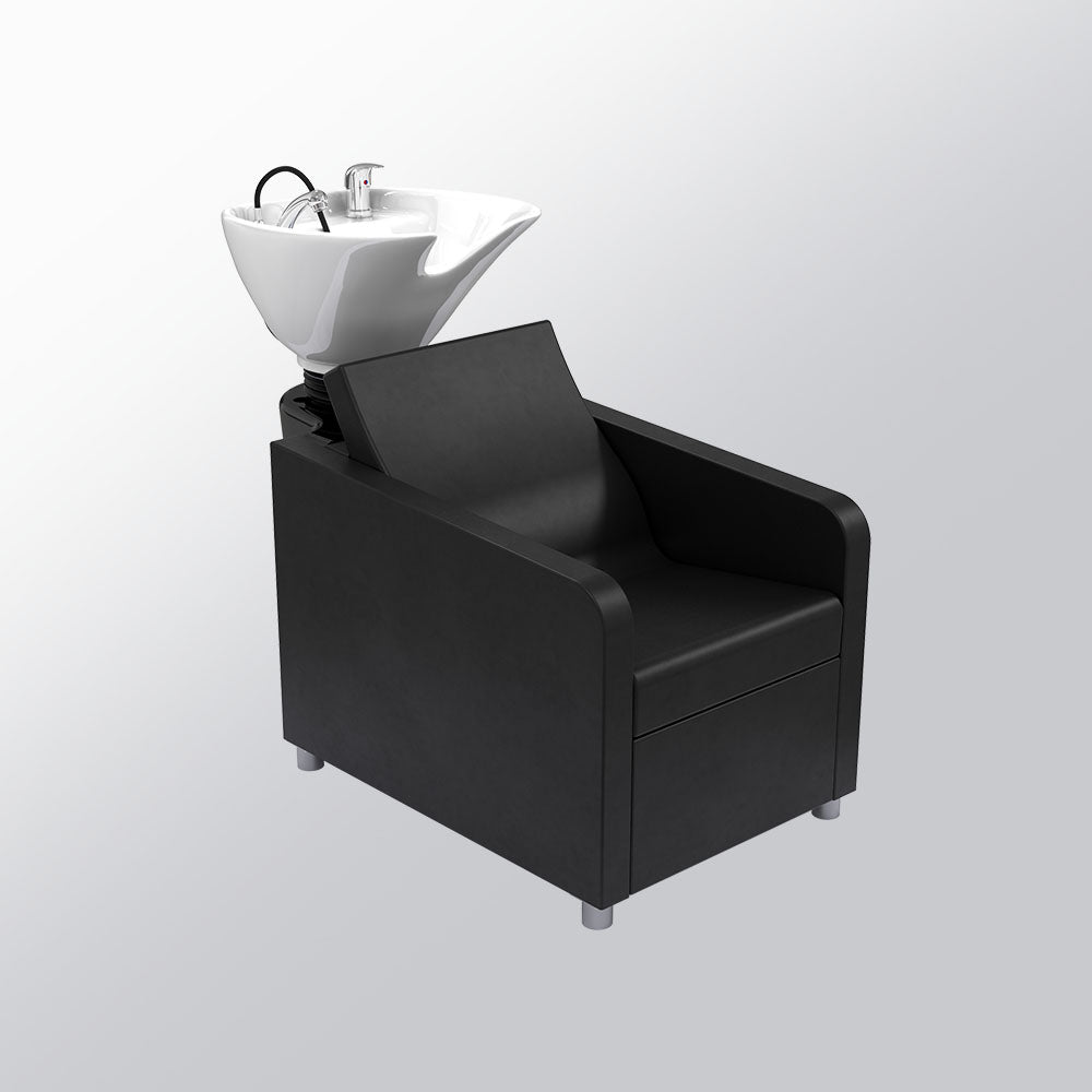 Mirplay Noe shampoo unit with white ceramic basin and black upholstery