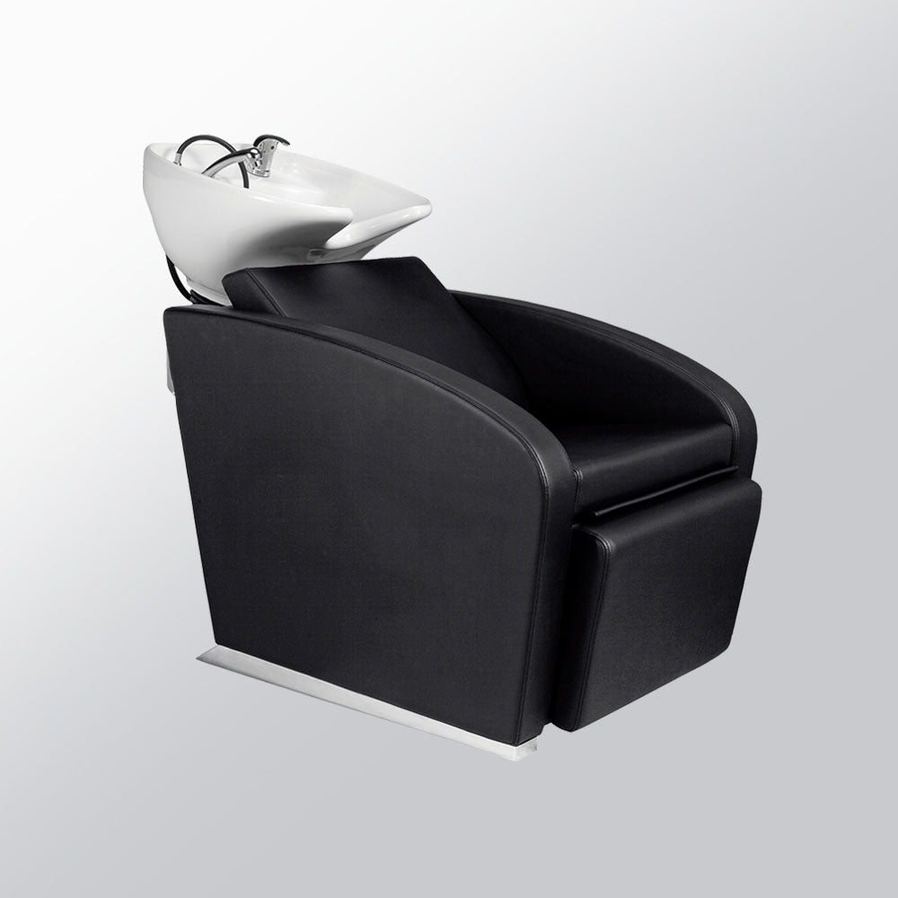 Mirplay Ralph shampoo unit with white ceramic basin and black upholstery