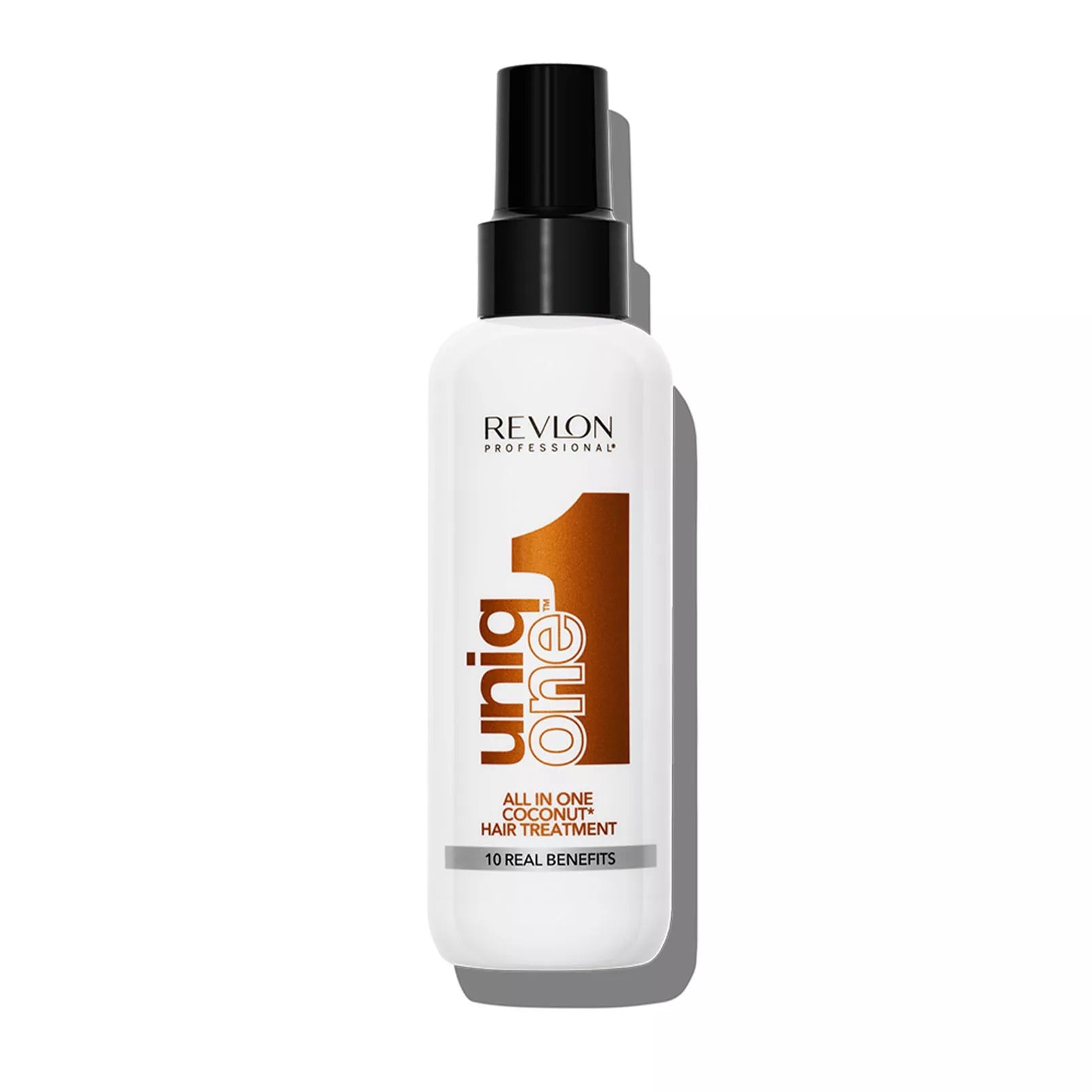Revlon Professional Uniq One Coconut All In One Hair Treatment 9ml travel-size leave-in spray with 10 benefits including repair, heat protection, frizz control, shine enhancement and coconut fragrance.