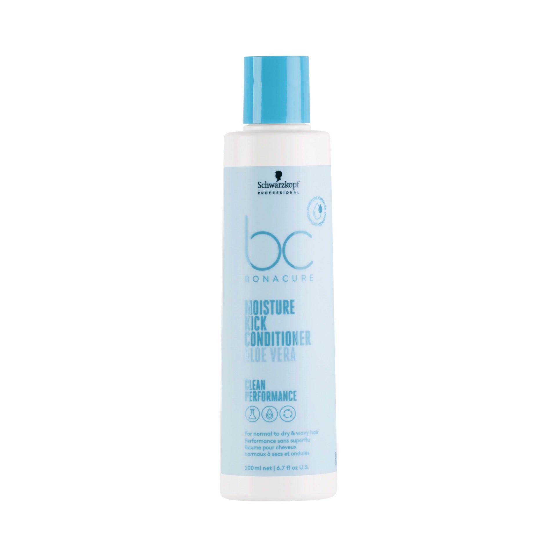 Schwarzkopf Professional Bonacure Moisture Kick Conditioner 200ml with Aloe Vera for normal to dry and wavy hair, providing lightweight hydration and improved manageability.