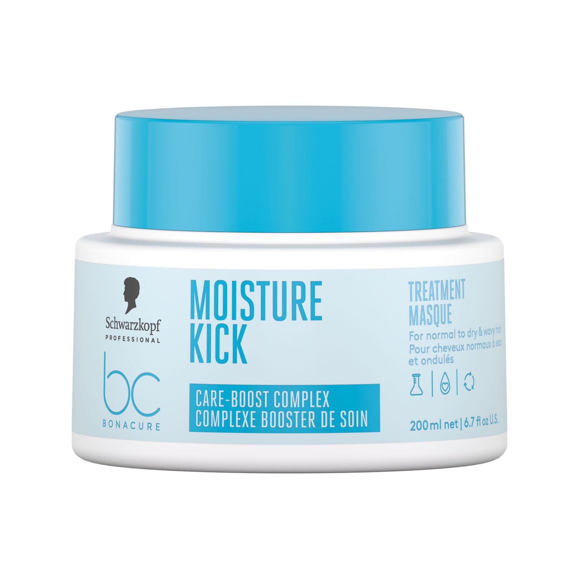 Schwarzkopf Professional Bonacure Moisture Kick Treatment Masque 200ml for normal to dry and wavy hair, providing intensive hydration, improved elasticity and long-lasting moisture.