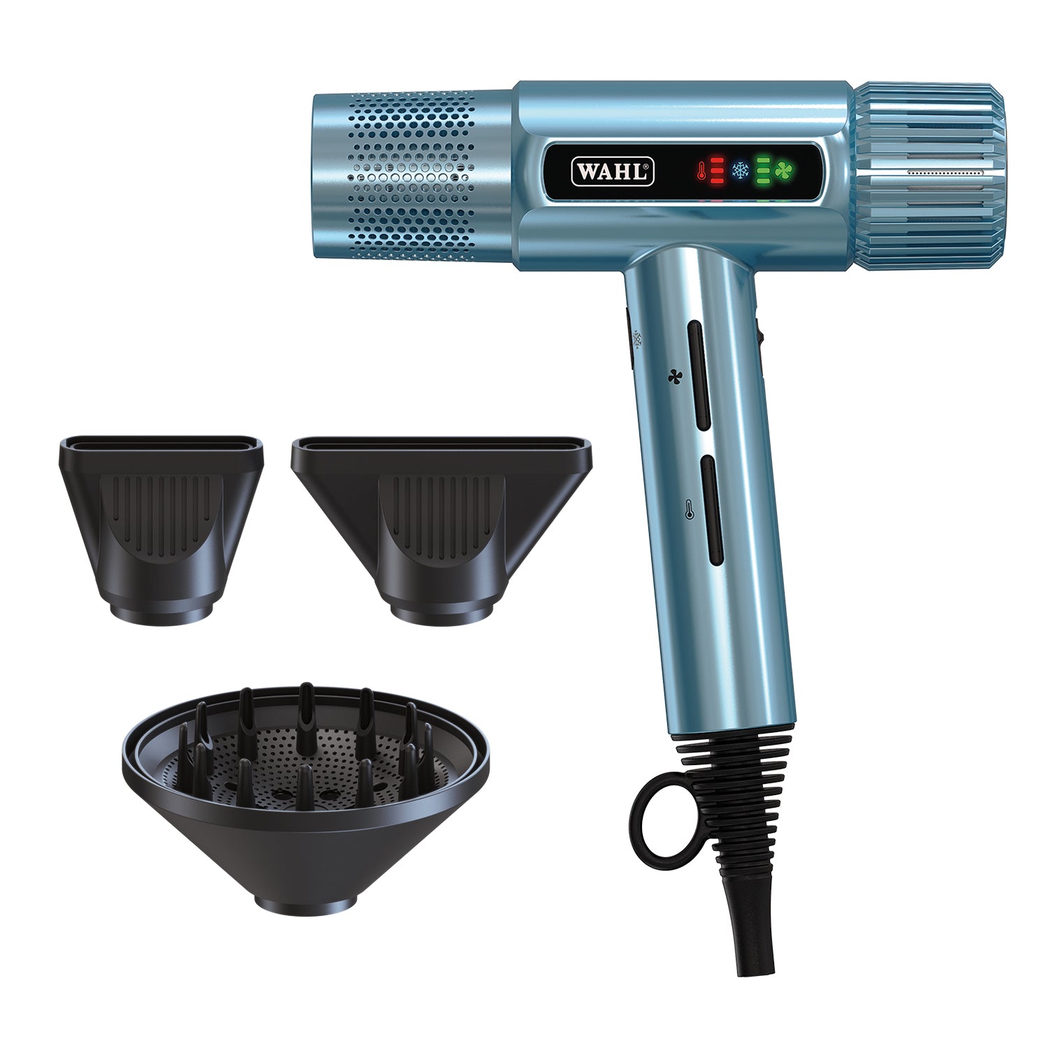 Wahl Vanquish Professional Hair Dryer in Cool Blue with diffuser and concentrator nozzles, featuring lightweight design, multiple heat and speed settings, and powerful airflow for professional salon styling.
