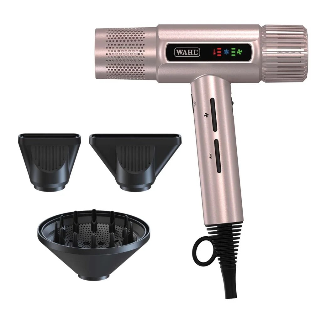 Wahl Vanquish Professional Hair Dryer in rose gold with diffuser and concentrator nozzles, featuring lightweight design, multiple heat and speed settings, and high-performance airflow for salon styling.
